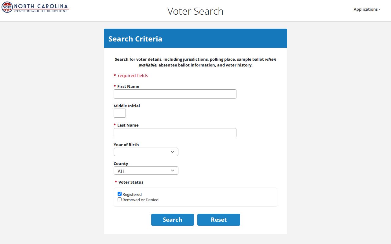 Goldsboro voter registration records search fields with Wayne County filter